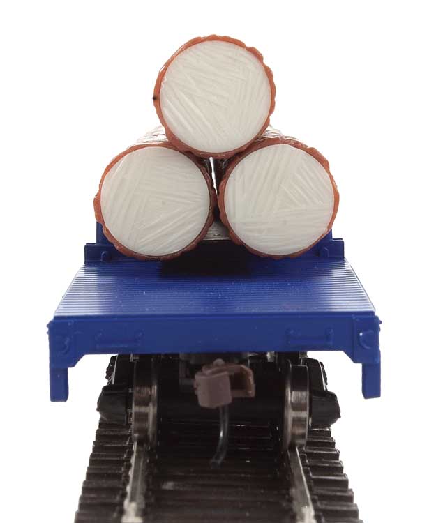 Log Dump Car with 3 Logs - Ready to Run -- Alaska Railroad #17102 (blue, yellow Conspicuity Marks)-4