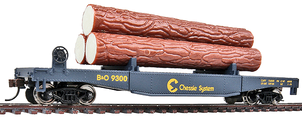 Log Dump Car with 3 Logs - Ready to Run -- Chessie-Baltimore & Ohio 9300 (blue, yellow)