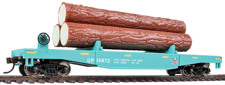 Log Dump Car with 3 Logs - Ready to Run -- Union Pacific 14972 (MOW Scheme; green, yellow Conspicuity Marks)-1