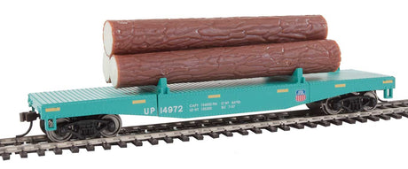 Log Dump Car with 3 Logs - Ready to Run -- Union Pacific 14972 (MOW Scheme; green, yellow Conspicuity Marks)-2