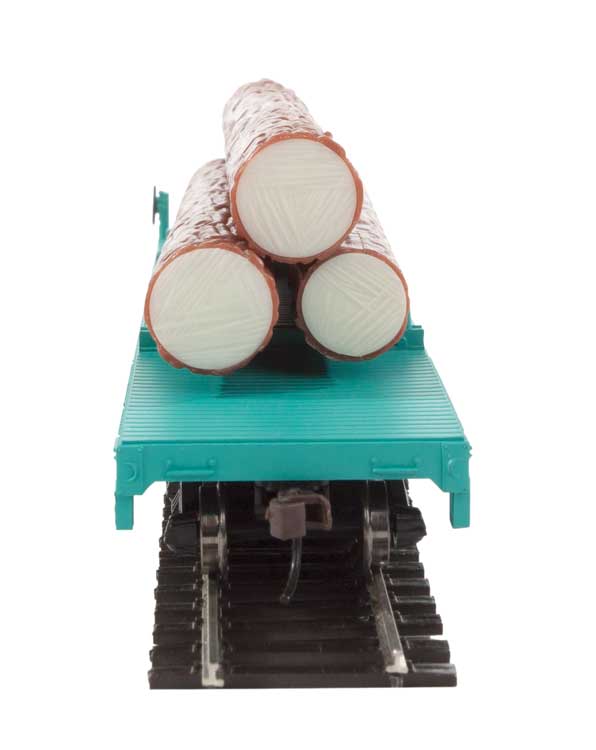 Log Dump Car with 3 Logs - Ready to Run -- Union Pacific 14972 (MOW Scheme; green, yellow Conspicuity Marks)-4