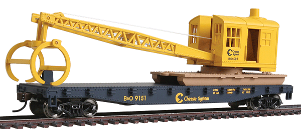 Flatcar with Logging Crane - Ready to Run -- Chessie System B&O (blue, yellow)-1