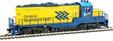 EMD GP9M - Standard DC -- Ontario Northland #1600 (yellow, blue; Chevrons Logo)-2