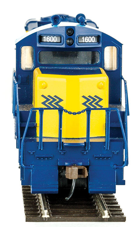 EMD GP9M - Standard DC -- Ontario Northland #1600 (yellow, blue; Chevrons Logo)-3