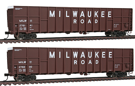 61' Gunderson Wood Chip Gondola 2-Pack - Ready to Run -- Milwaukee Road #276000, #276141 (Boxcar Red, Billboard Lettering)