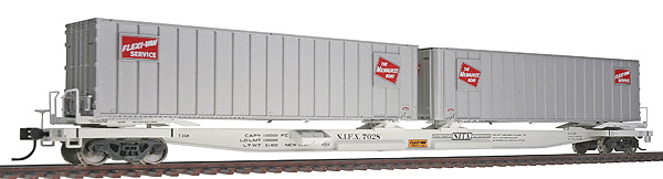 Mark III Flexi-Van Flatcar w/Two Trailers - Ready to Run - Gold Line(TM) -- Milwaukee Road NIFX #7028 (gray, red Logo)