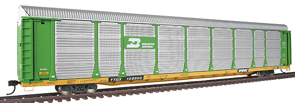 Gold Line(TM) Bi-Level Auto Carrier Assembled -- Burlington Northern Rack #20011/Flat TTGX #158995 (green rack, yellow flat)