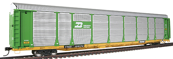 Gold Line(TM) Bi-Level Auto Carrier Assembled -- Burlington Northern Rack #20020/Flat TTGX #159174 (green rack, yellow flat)