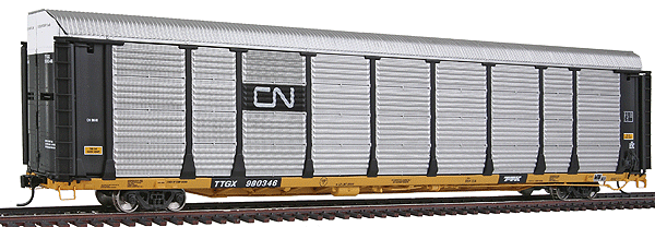 Gold Line(TM) Bi-Level Auto Carrier Ready to Run -- Canadian National Rack #96141/Flat TTGX #980346 (black Rack, TTX Yellow Flat