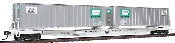 Gold Line(TM) Mark III Flexi-Van Flatcar w/Two Trailers Ready to Run -- Penn Central #776326