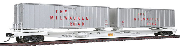 Mark III Flexi-Van Flatcar w/Two Trailers - Ready to Run - Gold Line(TM) -- NIFX #7030 w/Milwaukee Road Side Door Trailers