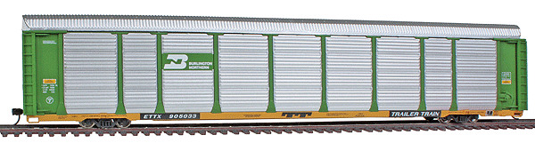 89' Thrall Tri-Level Enclosed Auto Carrier - Ready to Run - Platinum Line(TM) -- Burlington Northern #905033 (Cascade Green Rack, yellow flat)