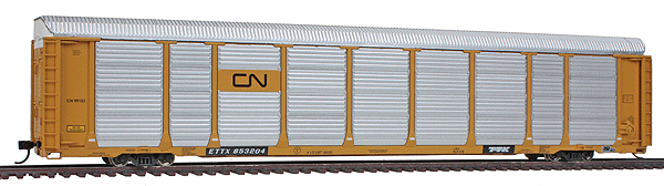 89' Thrall Tri-Level Enclosed Auto Carrier - Ready to Run - Platinum Line(TM) -- Canadian National Rack #99153, Flat ETTX #853204 (yellow Flat & Rack)