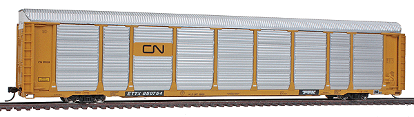 89' Thrall Tri-Level Enclosed Auto Carrier - Ready to Run - Platinum Line(TM) -- Canadian National Rack #99159, Flat ETTX #850754 (yellow Flat & Rack)