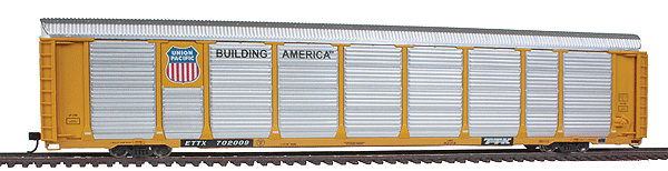 89' Thrall Tri-Level Enclosed Auto Carrier - Ready to Run - Platinum Line(TM) -- Union Pacific(R) Rack #2760, Flat ETTX #702009 (yellow, Building America)