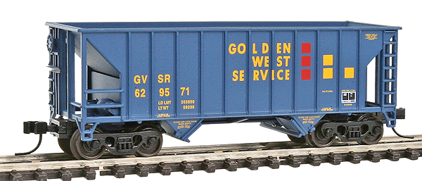 Greenville 100-Ton 2-Bay Hopper - Ready to Run -- Golden West Service GVSR #629571 (blue,yellow, red)