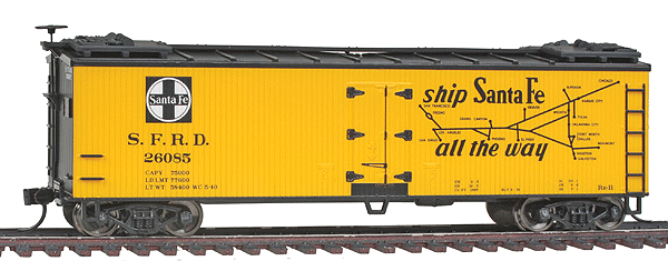 40' Double-Sheathed Reefer w/Wood Ends - Ready to Run -- Santa Fe SFRD #26085 (orange, black, Grand Canyon Line Slogan)