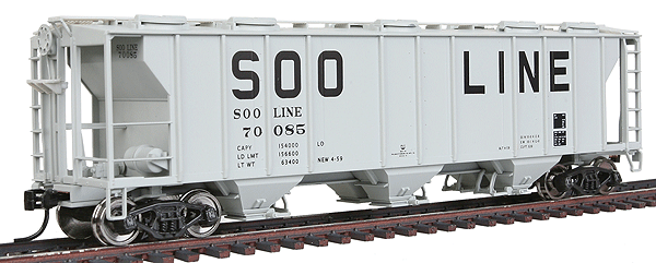 Gold Line(TM) PS-2 2893 Cubic Foot 3-Bay Covered Hopper - Ready to Run -- Soo Line #70085 (gray, Large Squared Lettering)
