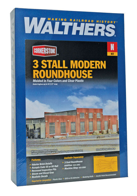 3-Stall Modern Roundhouse -- Kit - 10-13/16 x 3-15/16"  27.4 x 10cm; Stall Width at Rear 3-3/16"  8.1cm-3