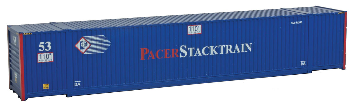 53' Singamas Corrugated Side Container - Ready to Run -- Pacer Stacktrain (blue, white, red)-2
