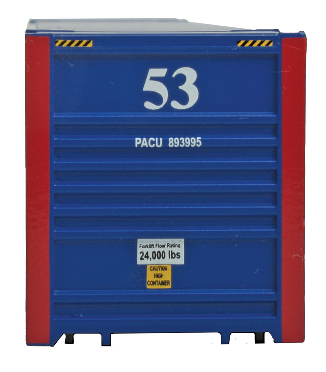 53' Singamas Corrugated Side Container - Ready to Run -- Pacer Stacktrain (blue, white, red)-4