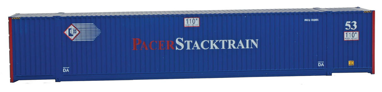 53' Singamas Corrugated Side Container - Ready to Run -- Pacer Stacktrain (blue, white, red)-5