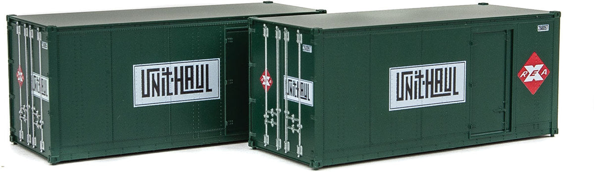 20' Smooth-Side Container with Right Side Door 2-Pack - Ready to Run -- Railway Express Agency #260095, 260097 (green, red; Unit Haul Logo)-1