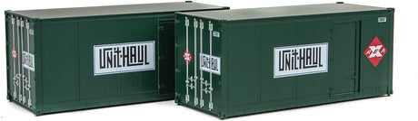 20' Smooth-Side Container with Right Side Door 2-Pack - Ready to Run -- Railway Express Agency #260095, 260097 (green, red; Unit Haul Logo)-1