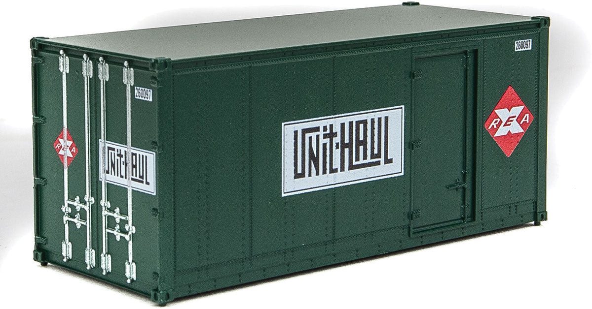 20' Smooth-Side Container with Right Side Door 2-Pack - Ready to Run -- Railway Express Agency #260095, 260097 (green, red; Unit Haul Logo)-4