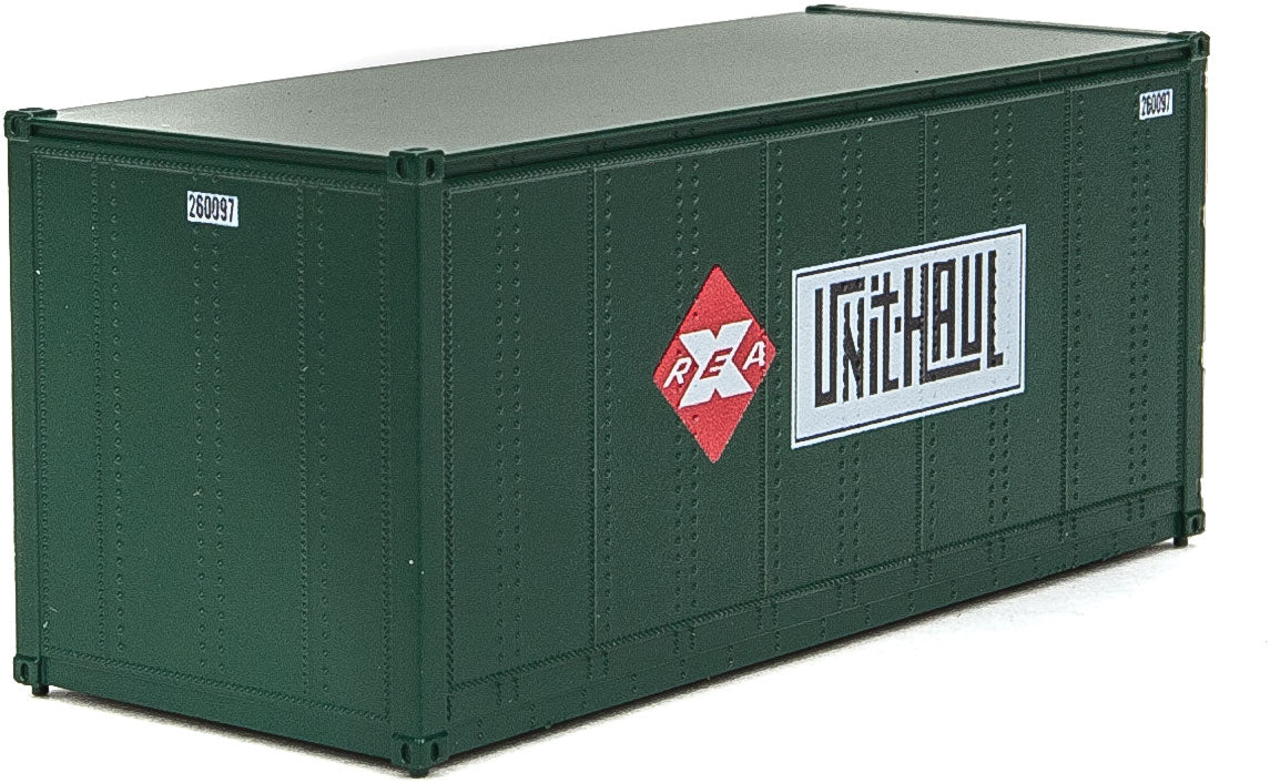 20' Smooth-Side Container with Right Side Door 2-Pack - Ready to Run -- Railway Express Agency #260095, 260097 (green, red; Unit Haul Logo)-5