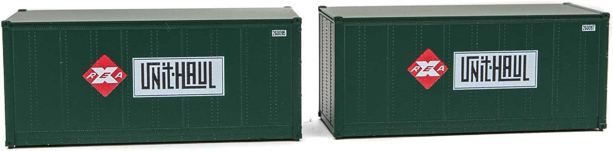20' Smooth-Side Container with Right Side Door 2-Pack - Ready to Run -- Railway Express Agency #260095, 260097 (green, red; Unit Haul Logo)-7