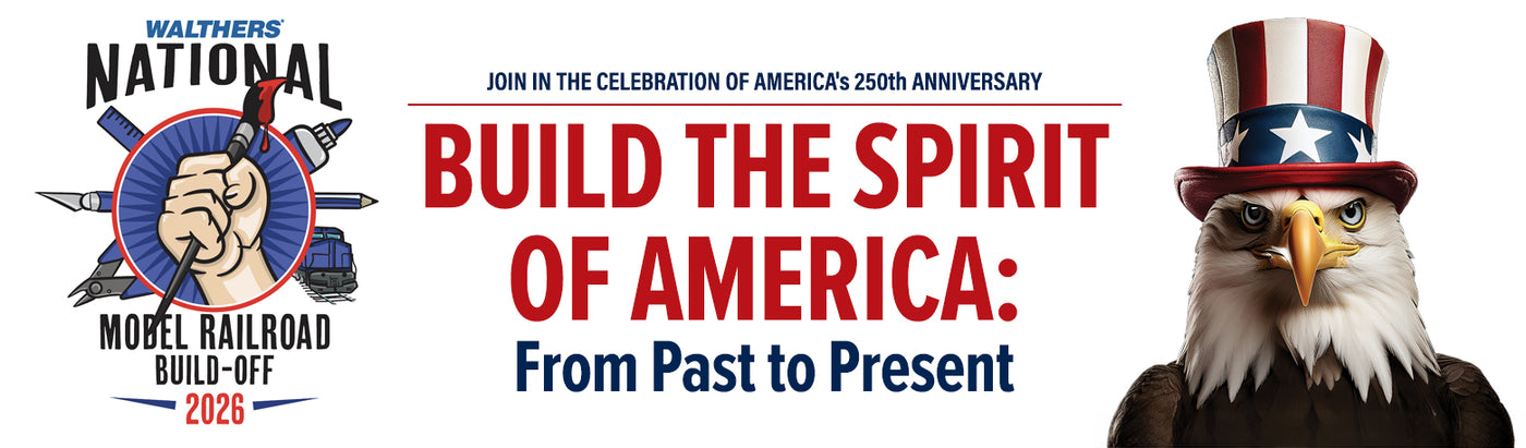 Header banner left: the Walthers' National Model Railroad Build Off 2026 logo. Centered text: Join in the celebration of America's 250th anniversary. In larger text, Build the Spirit of America: From Past to Present. Header right, an image of an eagle bust wearing a patriotic hat.