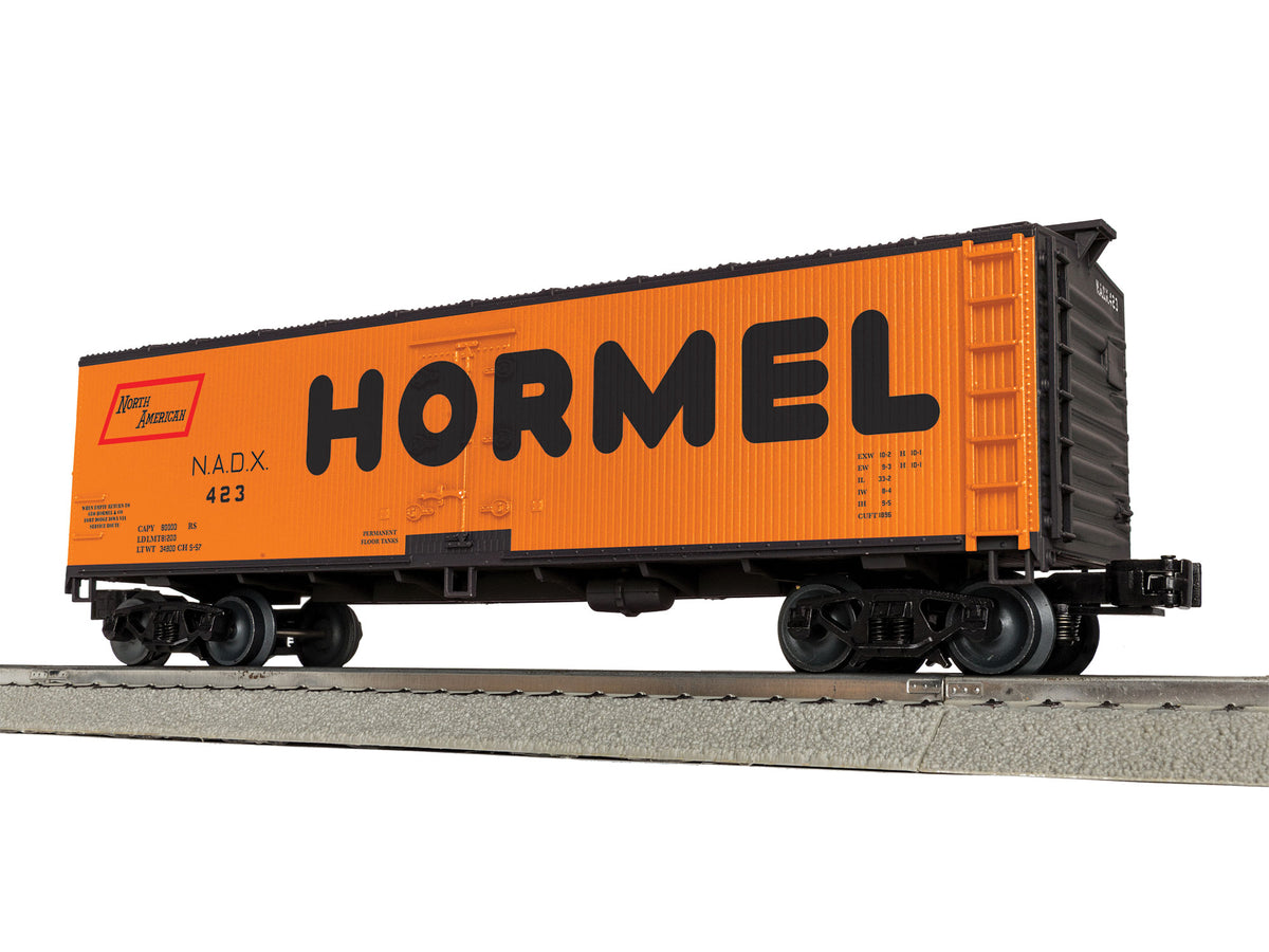 Wood Reefer - 3-Rail - Ready to Run -- Hormel Packing #423 (orange, black, Billboard Lettering)-1