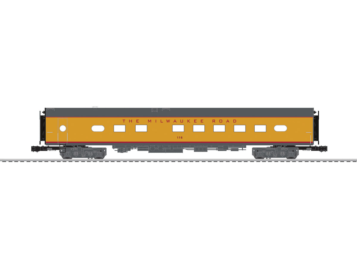 18" Smooth-Side Diner with StationSounds - 3-Rail - Ready to Run -- Milwaukee Road #116 (1955 Hiawatha, Armour Yellow, gray, red)-1