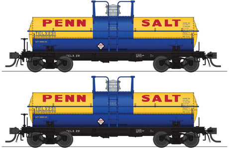 6000-Gallon Chlorine Tank Car 2-Pack - Ready to Run -- Penn Salt TELX #322, 323 (yellow, blue, red)-2