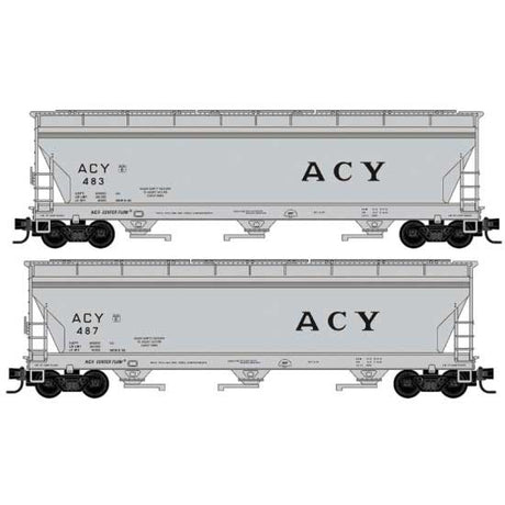 ACF 3-Bay Center Flow Covered Hopper w/Elongated Hatches 2-Pack - Ready to Run -- Akron, Canton & Youngstown #483, 487 (gray, black)-1