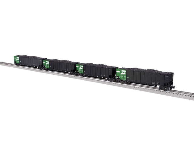 Bathtub Coal Gondola w/Load 4-Pack - 3-Rail - Ready to Run -- Burlington Northern #534383, 534425, 534484, 534498 (black, green, white)-1
