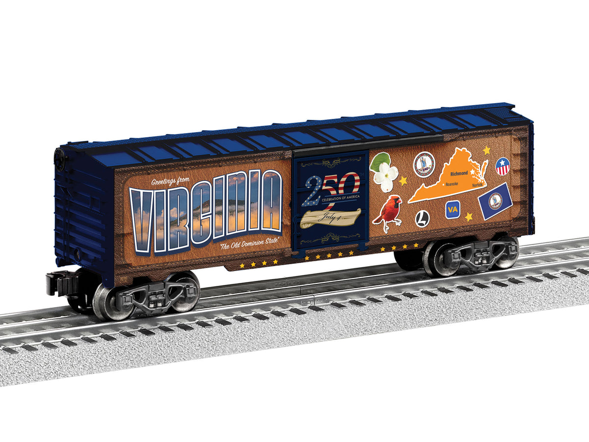 Steel Boxcar - 3-Rail - Ready to Run -- Virginia (50 States Series, brown, blue, Color Graphics)-1