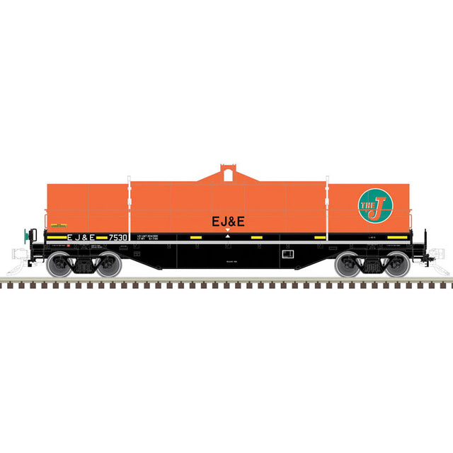 42' Coil Car w/Fishbelly Side Sill - 3-Rail - Ready to Run - Master(R) -- Elgin, Joliet & Eastern (Fantasy Scheme, black, orange, green)-1