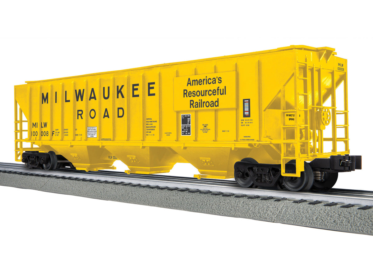 PS-2CD 4740 3-Bay Covered Hopper - 3-Rail - Ready to Run -- Milwaukee Road #10008 (yellow, black, Resourceful Railroad Slogan)-1