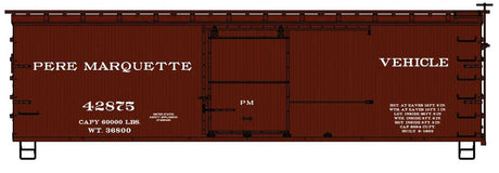 36' Double-Sheathed Wood Boxcar w/Steel Roof, Wood Ends, Straight Underframe -- Pere Marquette #42875 (Boxcar Red)-1