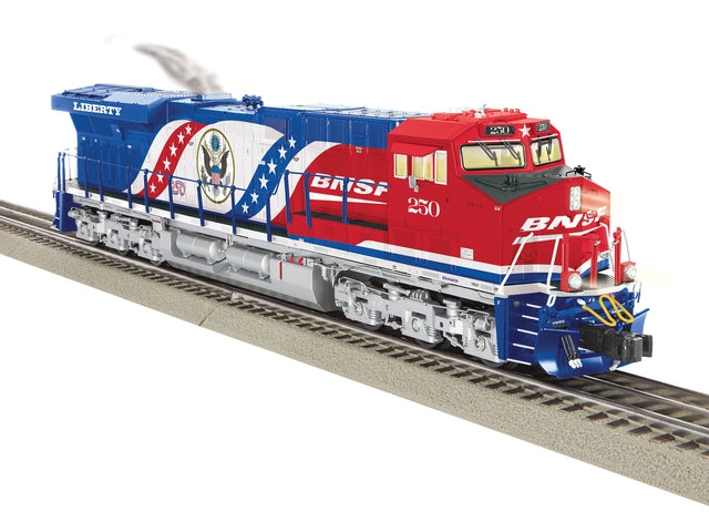 GE ET44AC - 3-Rail - Legacy Sound and Control -- Burlington Northern Santa Fe #250 (America 250, blue red, white)-1
