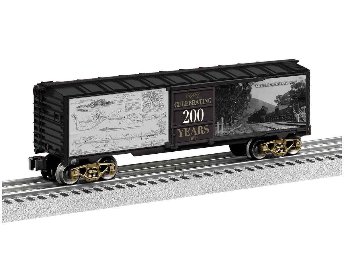 Steel Boxcar - 3-Rail - Ready to Run -- Granite Railway 200th Anniversary (black, white, sepia)-1