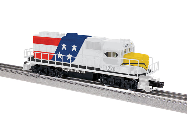 EMD GP38 - 3-Rail w/LionChief Plus 2.0 Sound, Control & Smoke -- Illinois Central Gulf #1776 (Bicentennial, white, blue, red, yellow)-1