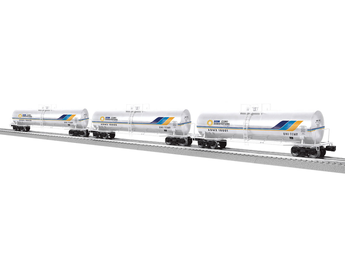 50' Tank Car 3-Pack - 3-Rail - Ready to Run -- Archer-Daniels-Midland #18001, 18006, 18020 (white, blue, Corn Sweeteners Lo-1
