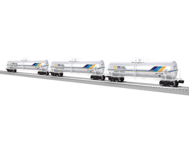 50' Tank Car 3-Pack - 3-Rail - Ready to Run -- Archer-Daniels-Midland #18001, 18006, 18020 (white, blue, Corn Sweeteners Lo-1