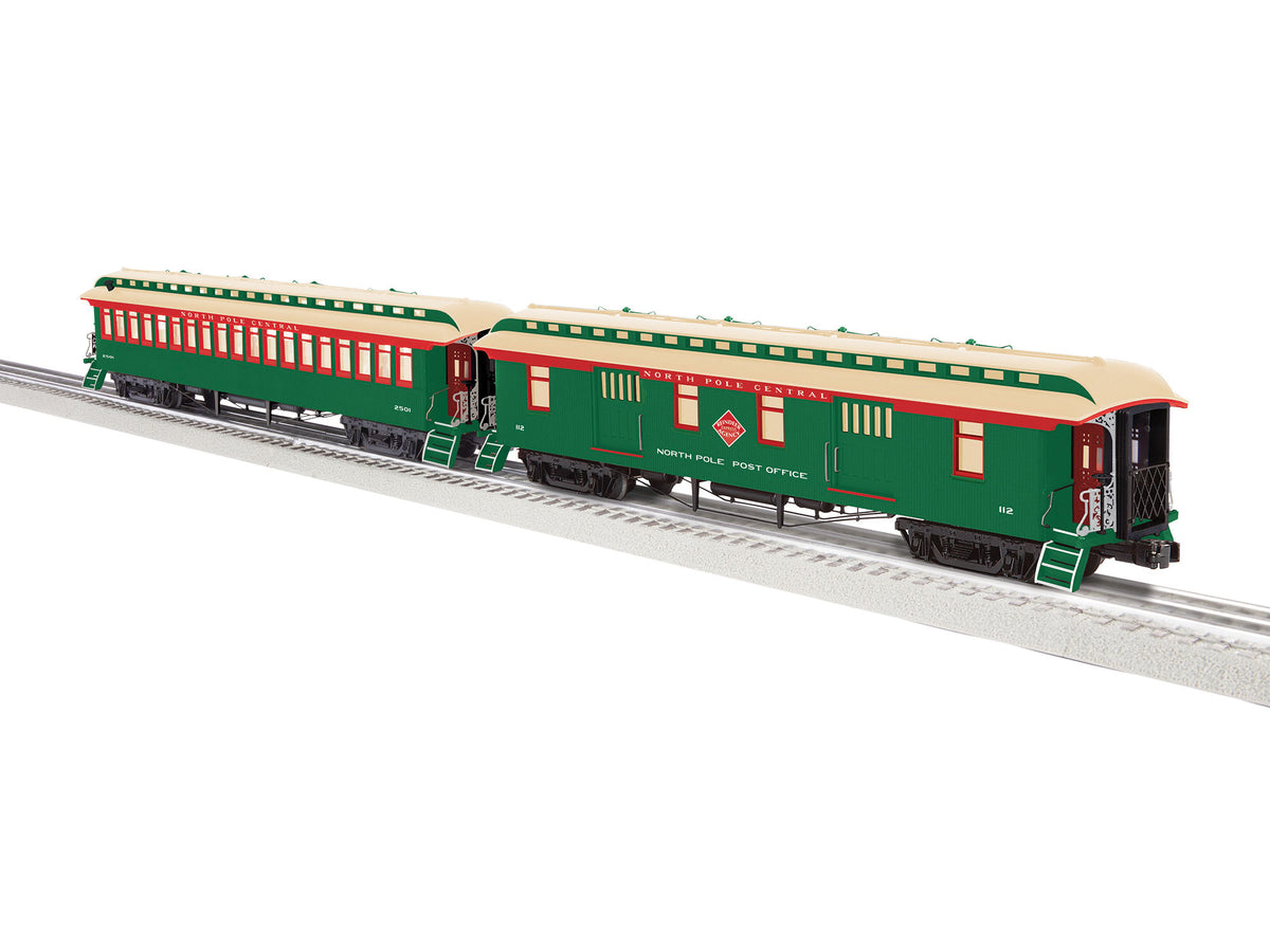Wood Coach & Baggage Car Set - 3-Rail - Ready to Run -- North Pole Central Set A #2501, 112 (green, red, white)-1