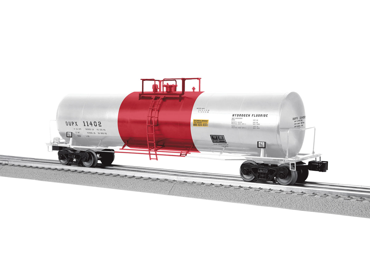50' Tank Car - 3-Rail - Ready to Run -- Dupont DUPX #11402 (silver, red)-1