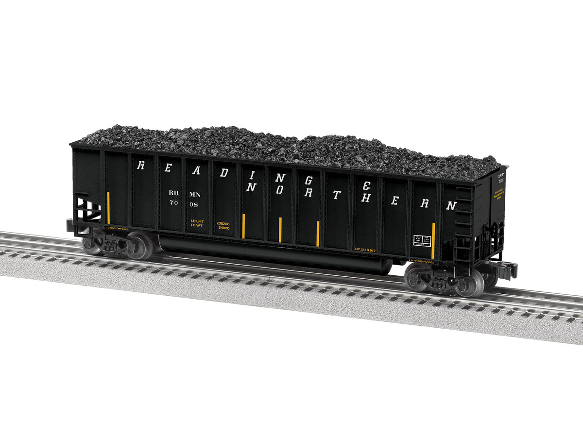 Bathtub Coal Gondola w/Load 4-Pack - 3-Rail - Ready to Run -- Reading & Northern (black, yellow conspicuity marks)-1