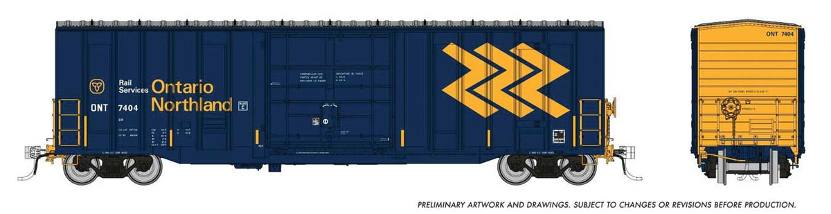 Trenton Works 5277 Cubic Foot Boxcar  6-Pack - Ready to Run -- Ontario Northland Set #1 (blue, yellow, Chevron Logo)-1